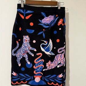 Anthropologie Black Pencil Skirt with Vibrant Animal Print